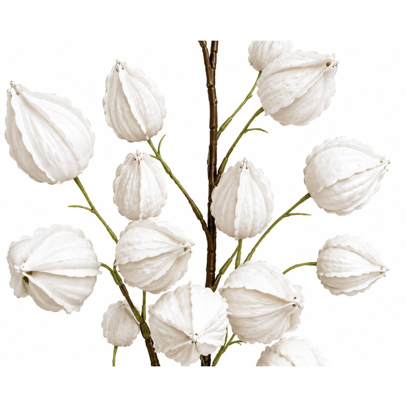 Artificial white flower branch on a white background