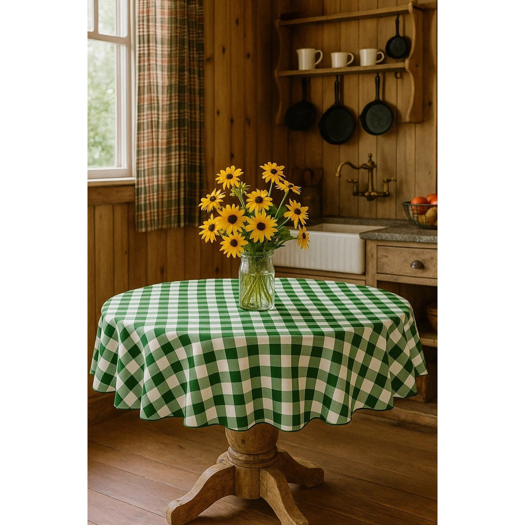 70-Inch Round Polyester Tablecloth Green & White Checker Linen Tablecloth Durable Easy Care For Dining Room Kitchen Parties Weddings