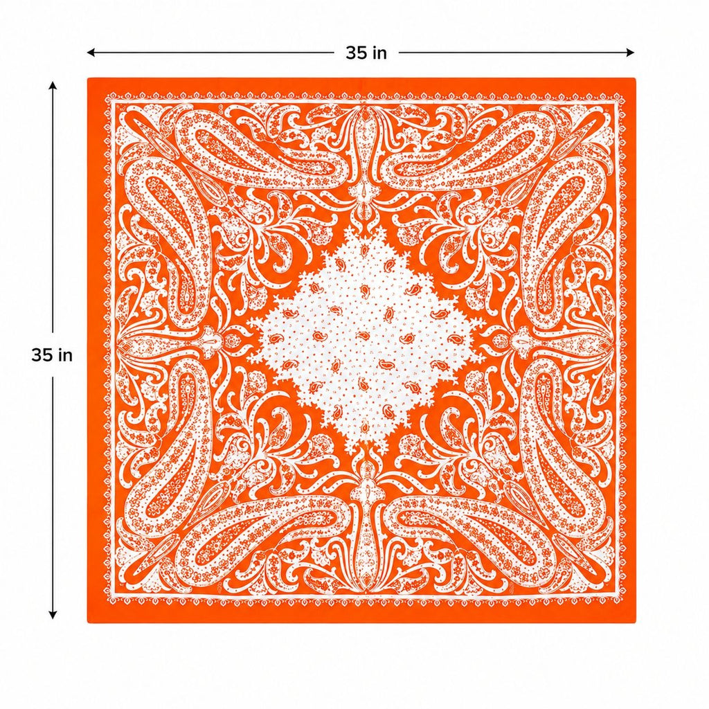 An orange square bandana or scarf with a white paisley and floral pattern, shown on a white background with dimension arrows and labels indicating 35 in by 35 in.