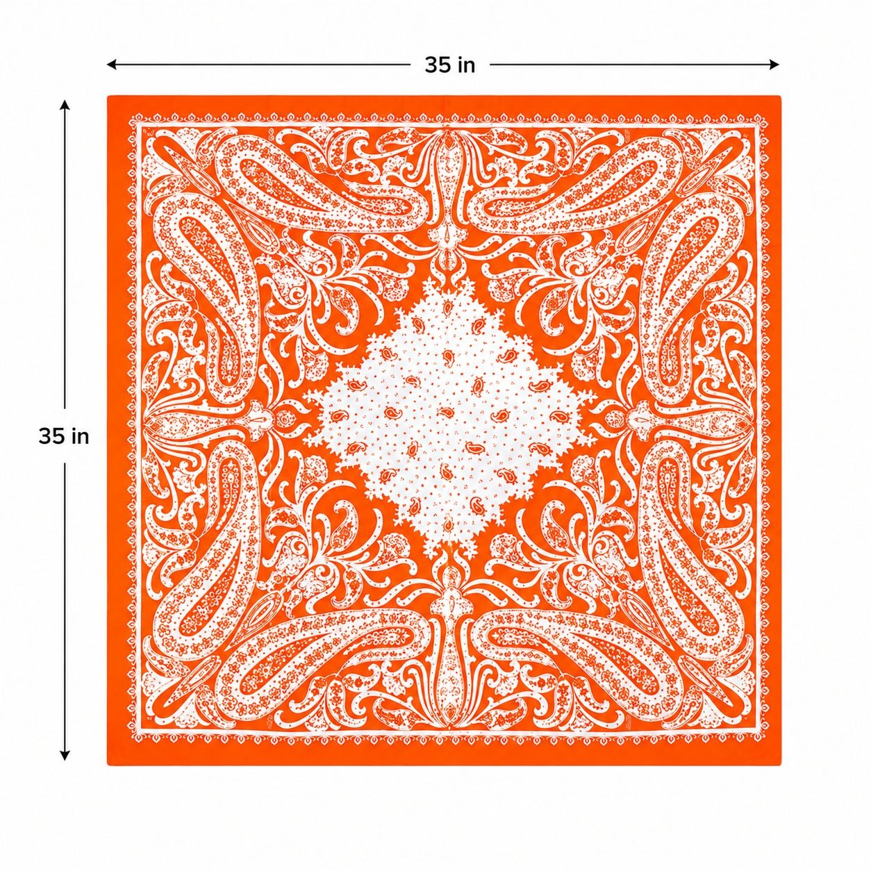 An orange square bandana or scarf with a white paisley and floral pattern, shown on a white background with dimension arrows and labels indicating 35 in by 35 in.