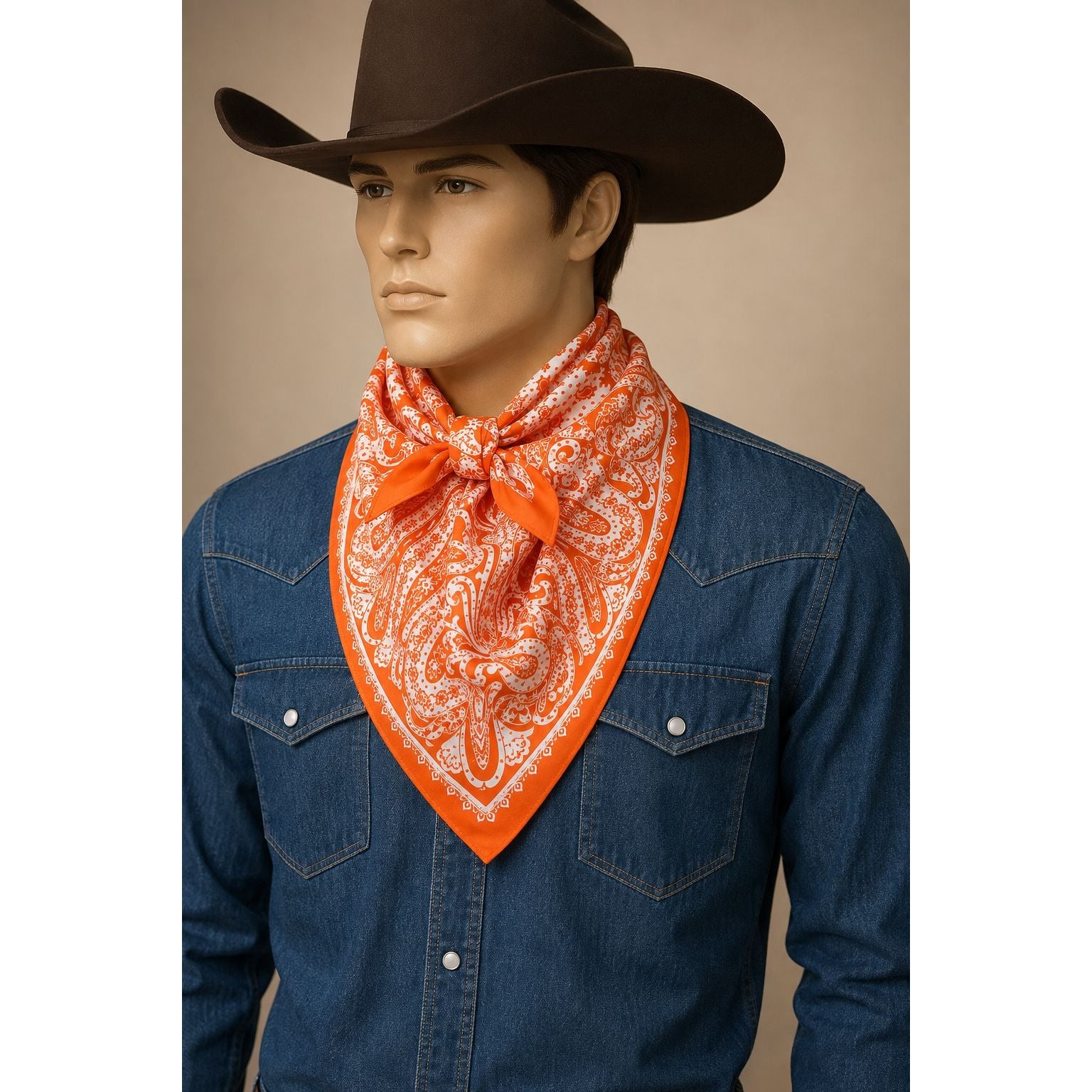 A mannequin or model wearing a dark brown cowboy hat, a blue denim shirt, and a bright orange paisley bandana tied around the neck, set against a plain beige studio background.