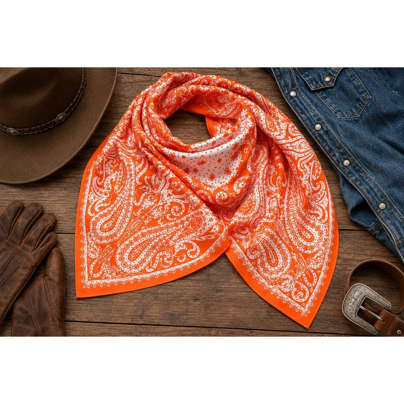 Flay Lay with Wild Rag and Brown Hat
