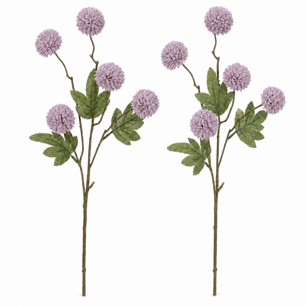 Smoky Lavender Gray Pom Pom Chrysanthemum Stems Set of 2, 20 Inch Artificial Silk Flowers