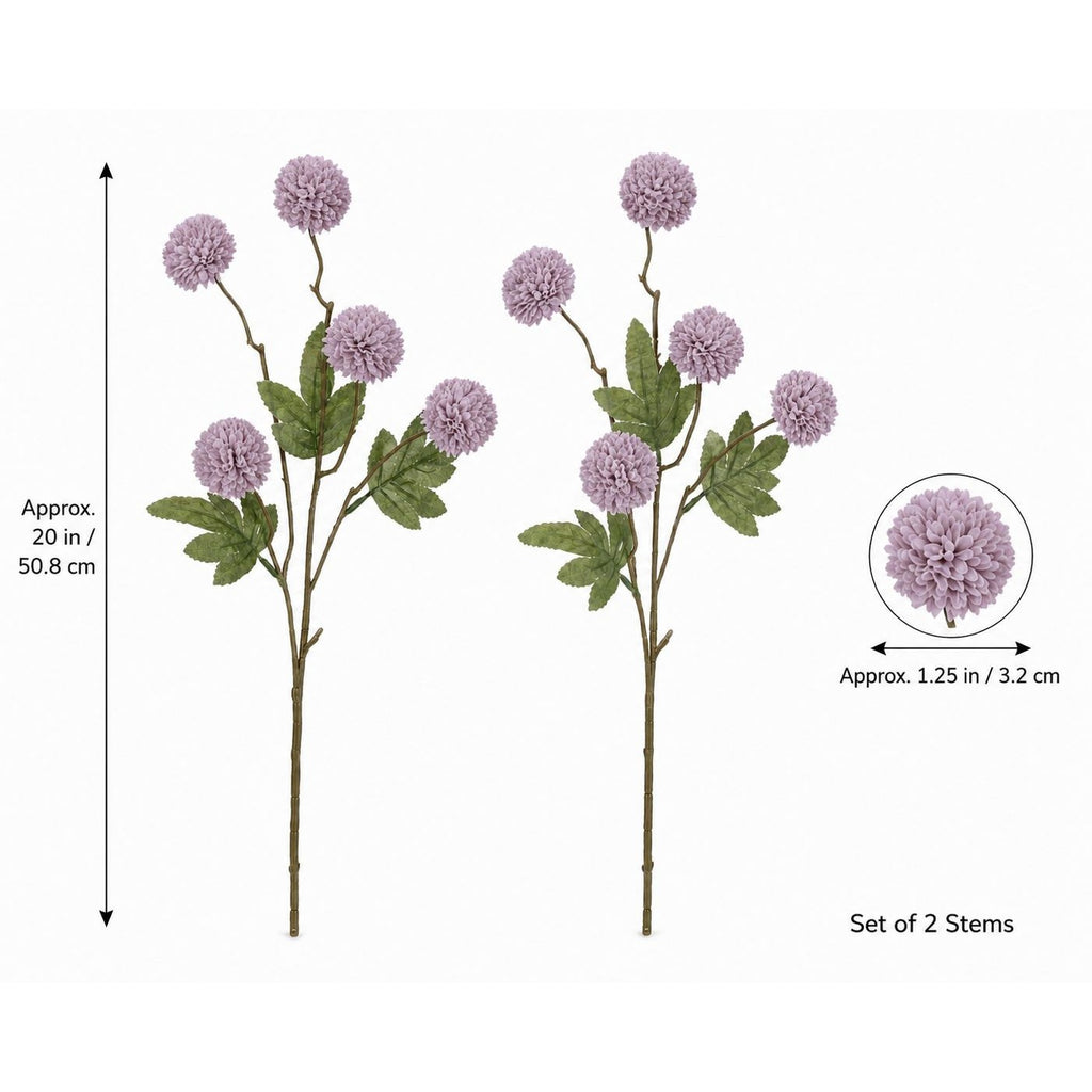 Two artificial purple pom-pom ball flower stems with green leaves on a white background, showing height and close-up diameter measurements.