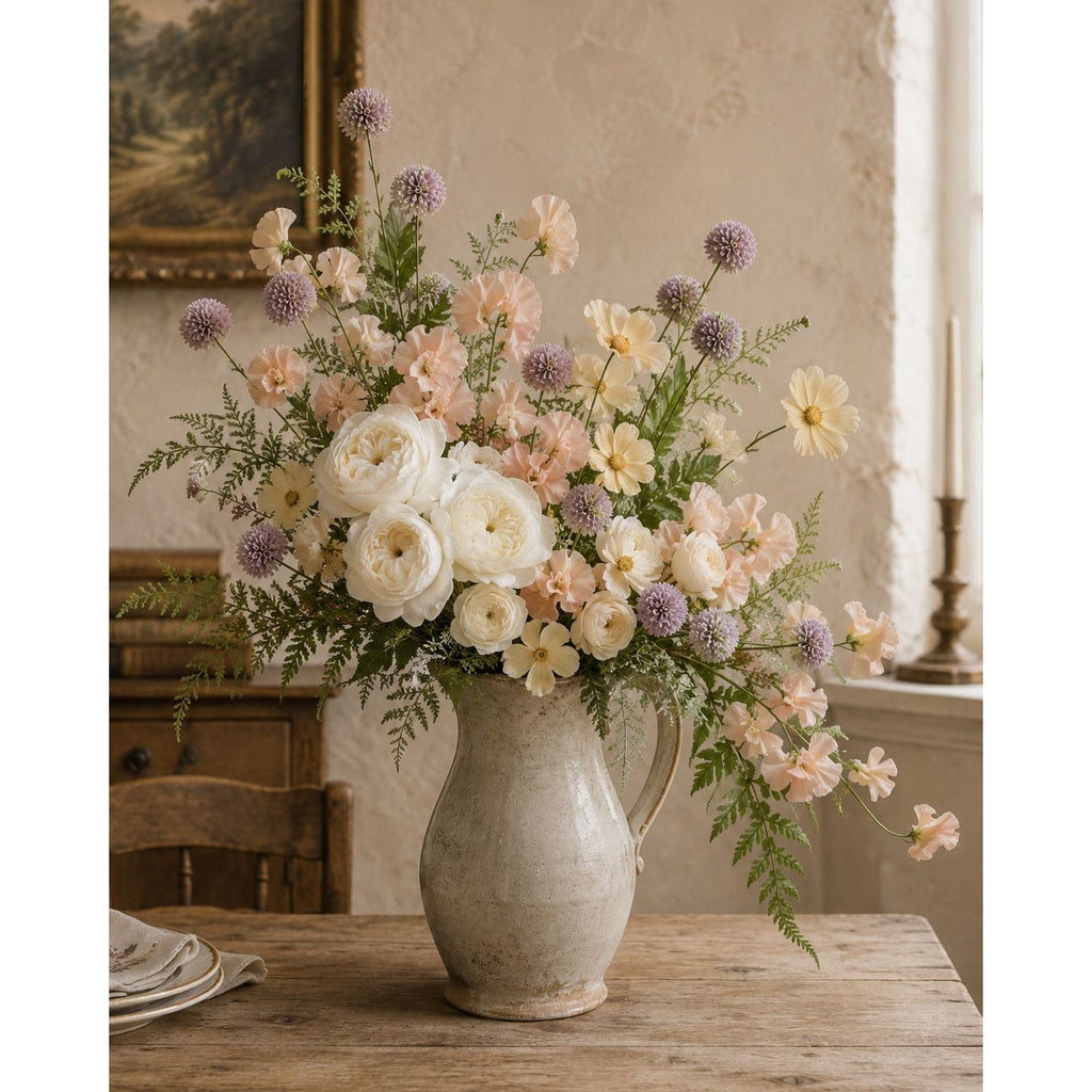 A large floral arrangement in a distressed ceramic pitcher vase, set on a rustic wooden table in a warm, vintage-style room.
