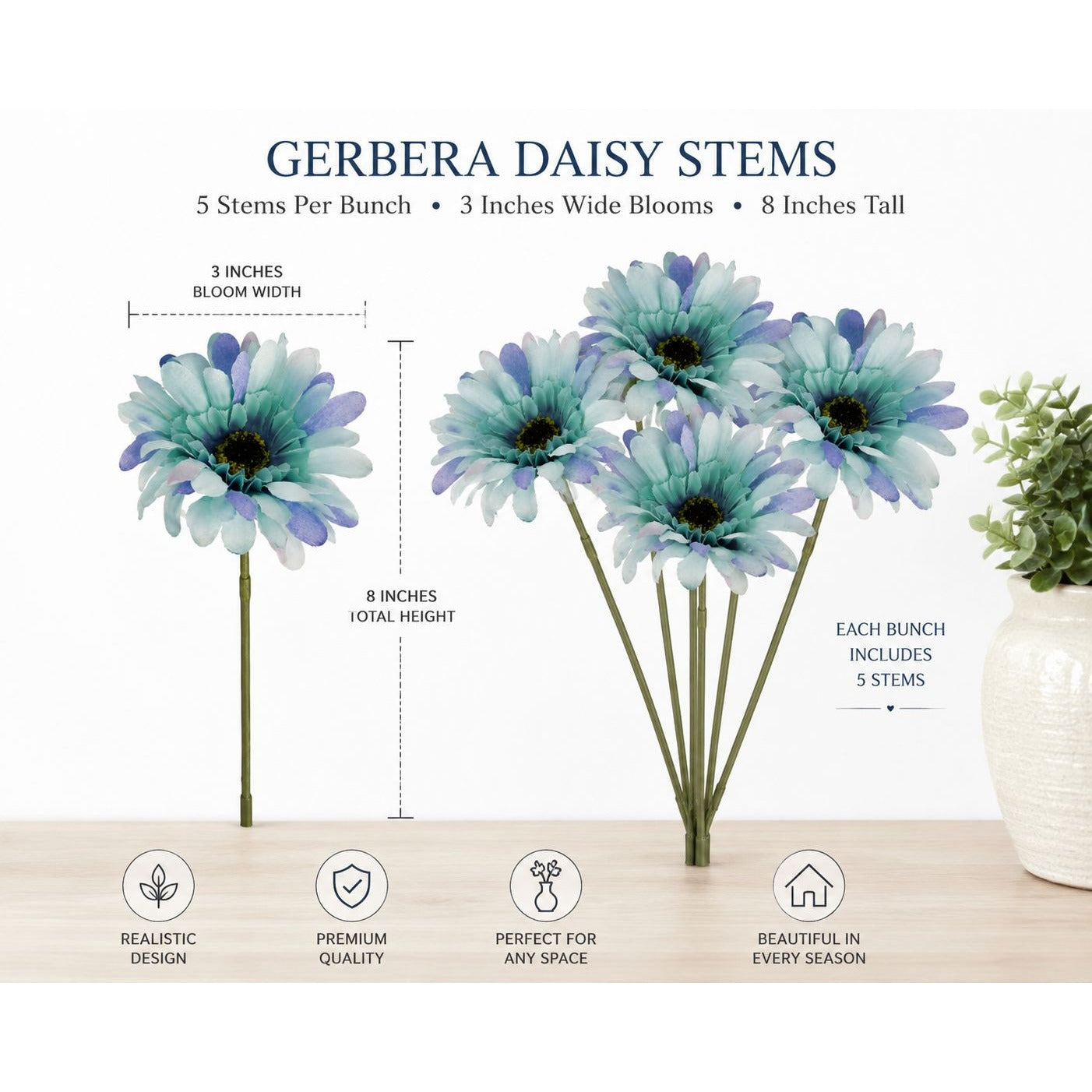 Blue Gerbera Daisy Stems Set of 5 | Faux Gerbera Daisy Flowers | Artificial Blue Flowers | Coastal Cottage Farmhouse Decor