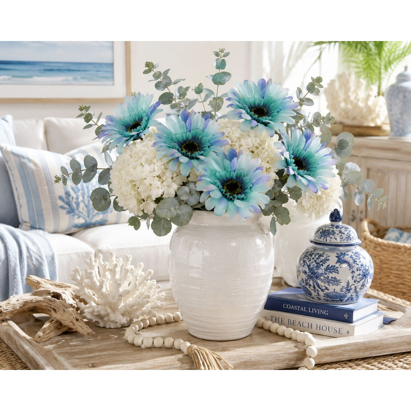 Blue Gerbera Daisy Stems Set of 5 | Faux Gerbera Daisy Flowers | Artificial Blue Flowers | Coastal Cottage Farmhouse Decor