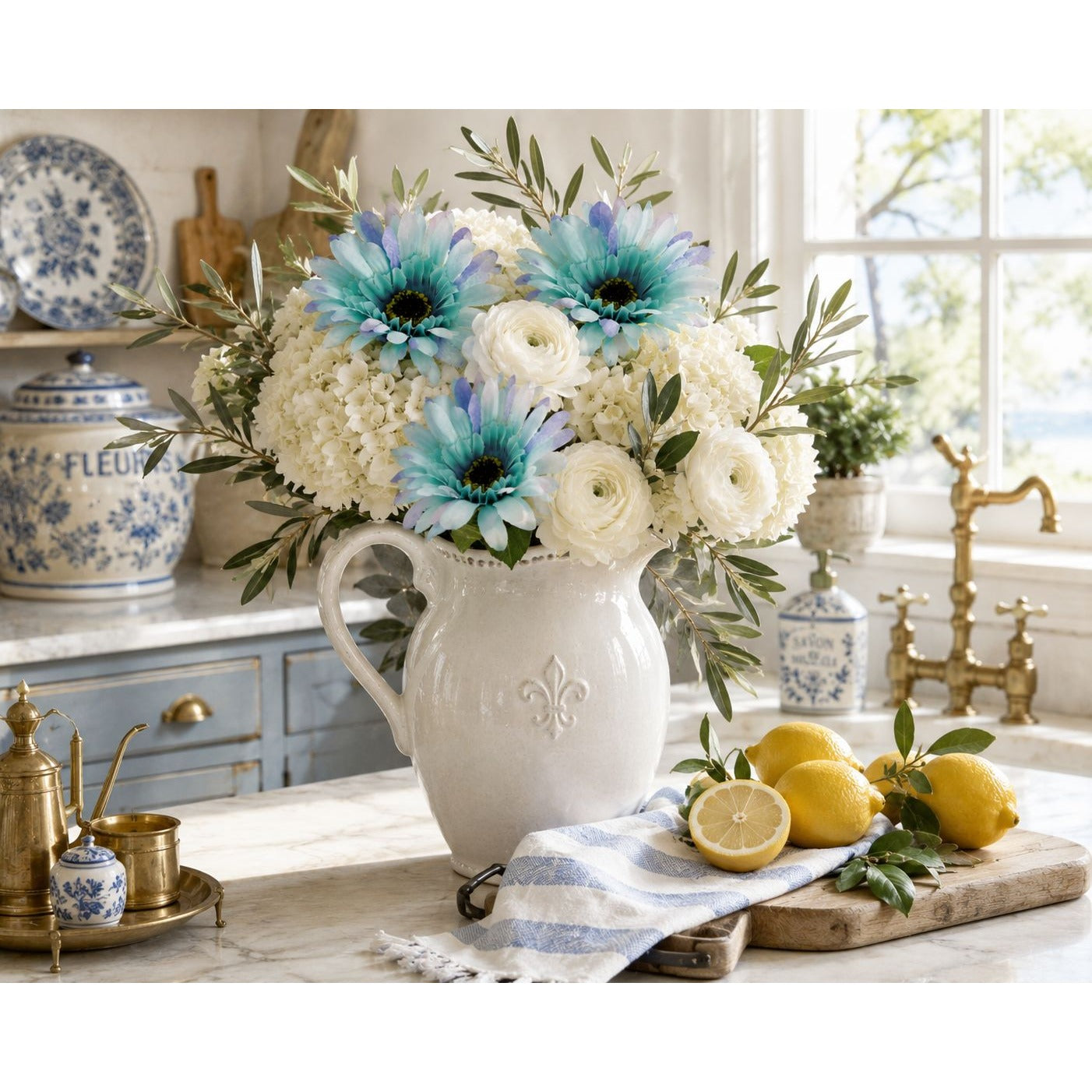 Blue Gerbera Daisy Stems Set of 5 | Faux Gerbera Daisy Flowers | Artificial Blue Flowers | Coastal Cottage Farmhouse Decor