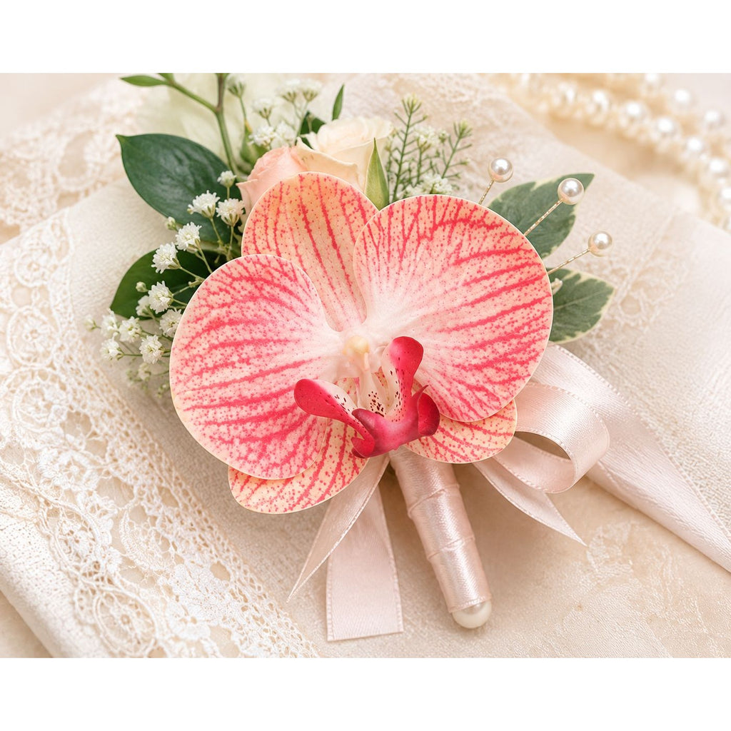 A floral wristlet or boutonniere featuring a pink and red striped orchid flower with green leaves, white baby's breath, and a pale pink ribbon, arranged on a cream lace fabric background.