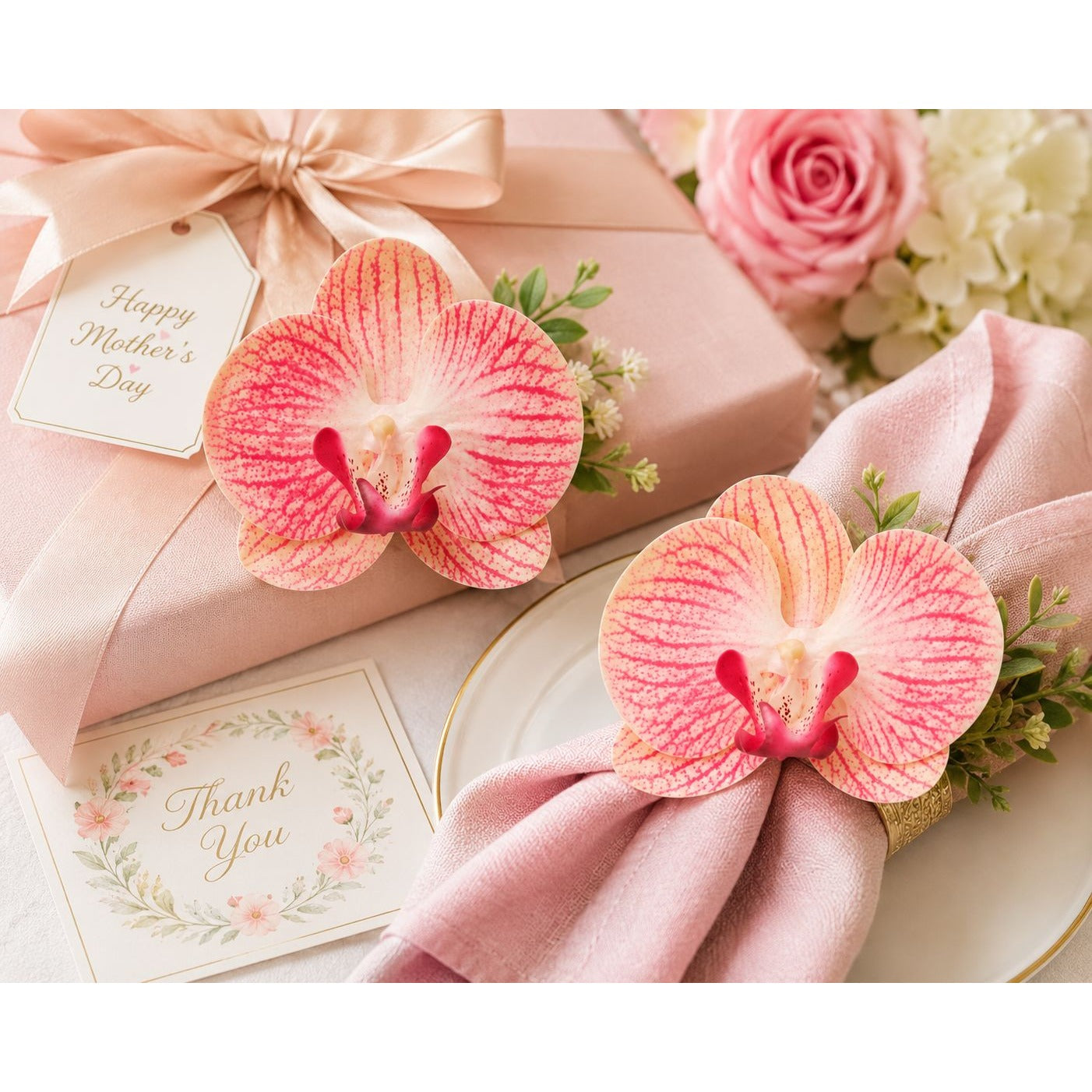 Pink orchid flower napkin rings with green foliage, displayed on pink folded napkins and a wrapped gift box with a 'Happy Mother's Day' tag.