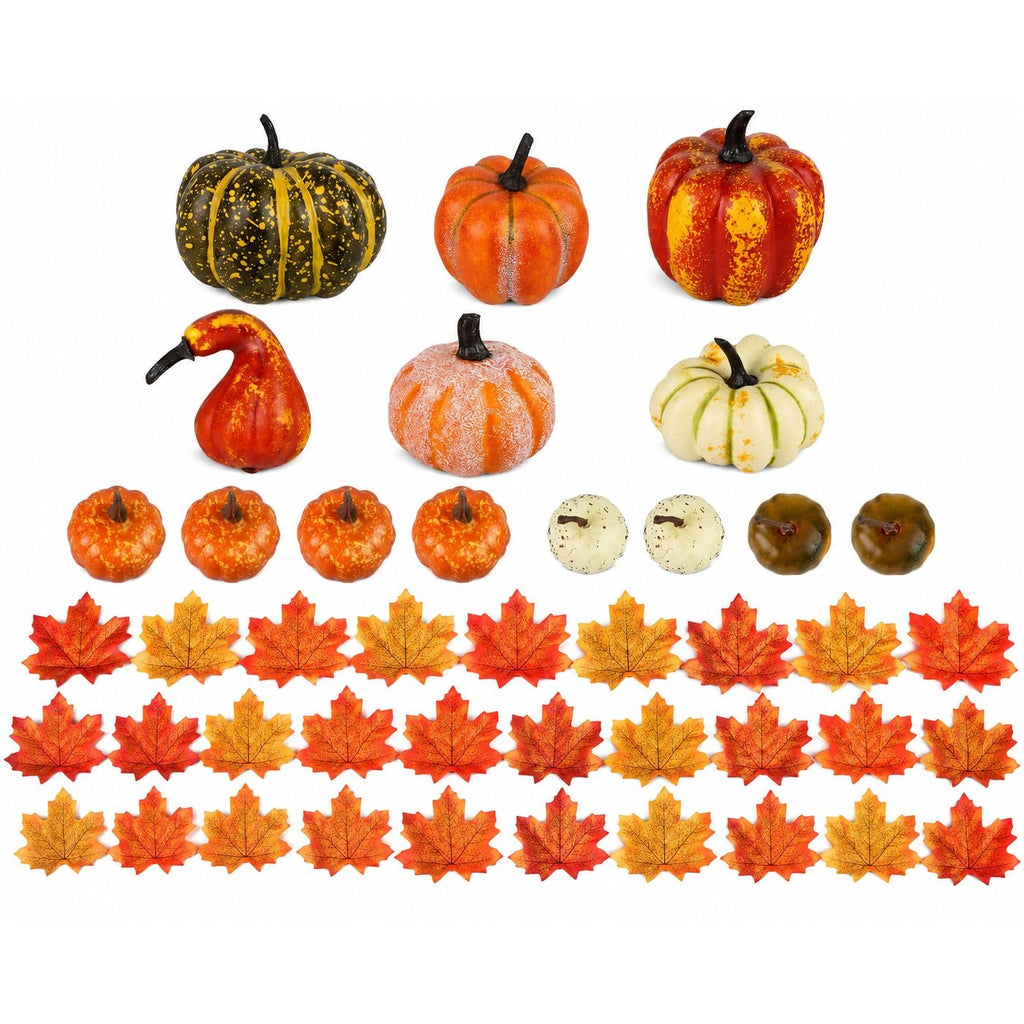 14 Artificial Mini Pumpkins and Gourds with 30 Maple Leaves, Fall Harvest Decor, Thanksgiving Centerpiece and Wreath Supplies