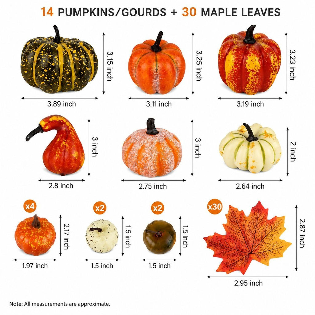 14 Artificial Mini Pumpkins and Gourds with 30 Maple Leaves, Fall Harvest Decor, Thanksgiving Centerpiece and Wreath Supplies