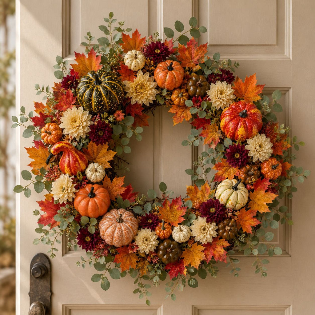 14 Artificial Mini Pumpkins and Gourds with 30 Maple Leaves, Fall Harvest Decor, Thanksgiving Centerpiece and Wreath Supplies