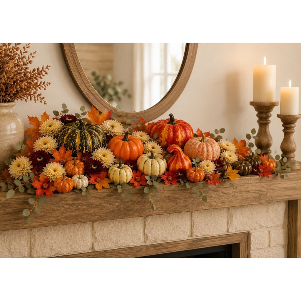 14 Artificial Mini Pumpkins and Gourds with 30 Maple Leaves, Fall Harvest Decor, Thanksgiving Centerpiece and Wreath Supplies