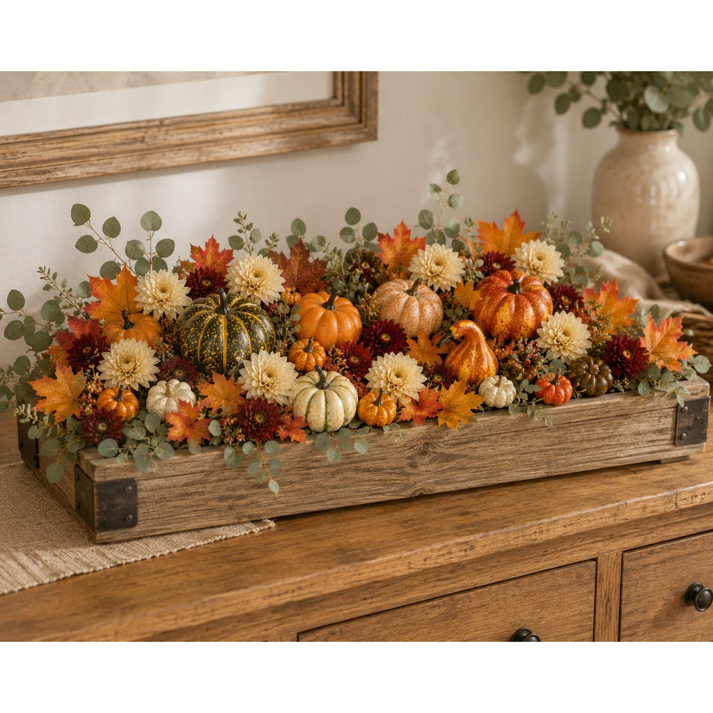 14 Artificial Mini Pumpkins and Gourds with 30 Maple Leaves, Fall Harvest Decor, Thanksgiving Centerpiece and Wreath Supplies