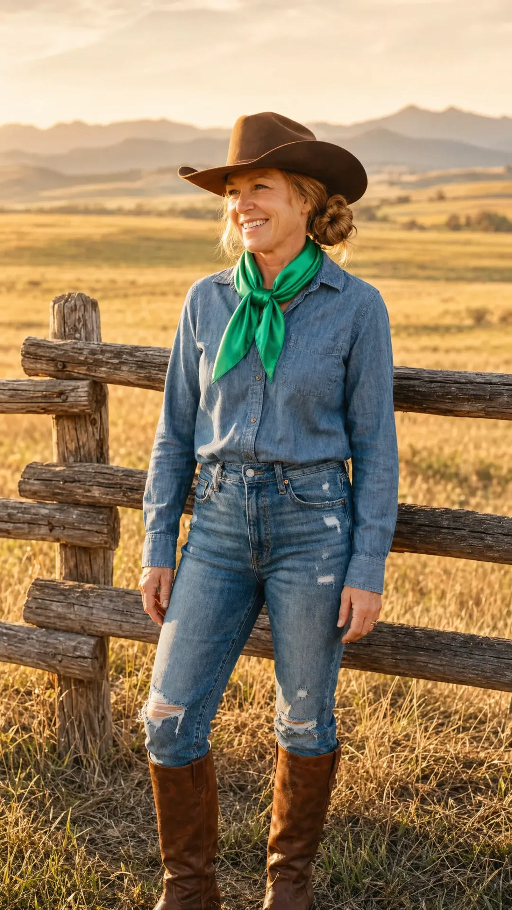 Jade green wild rag scarf worn by model in western lifestyle setting
