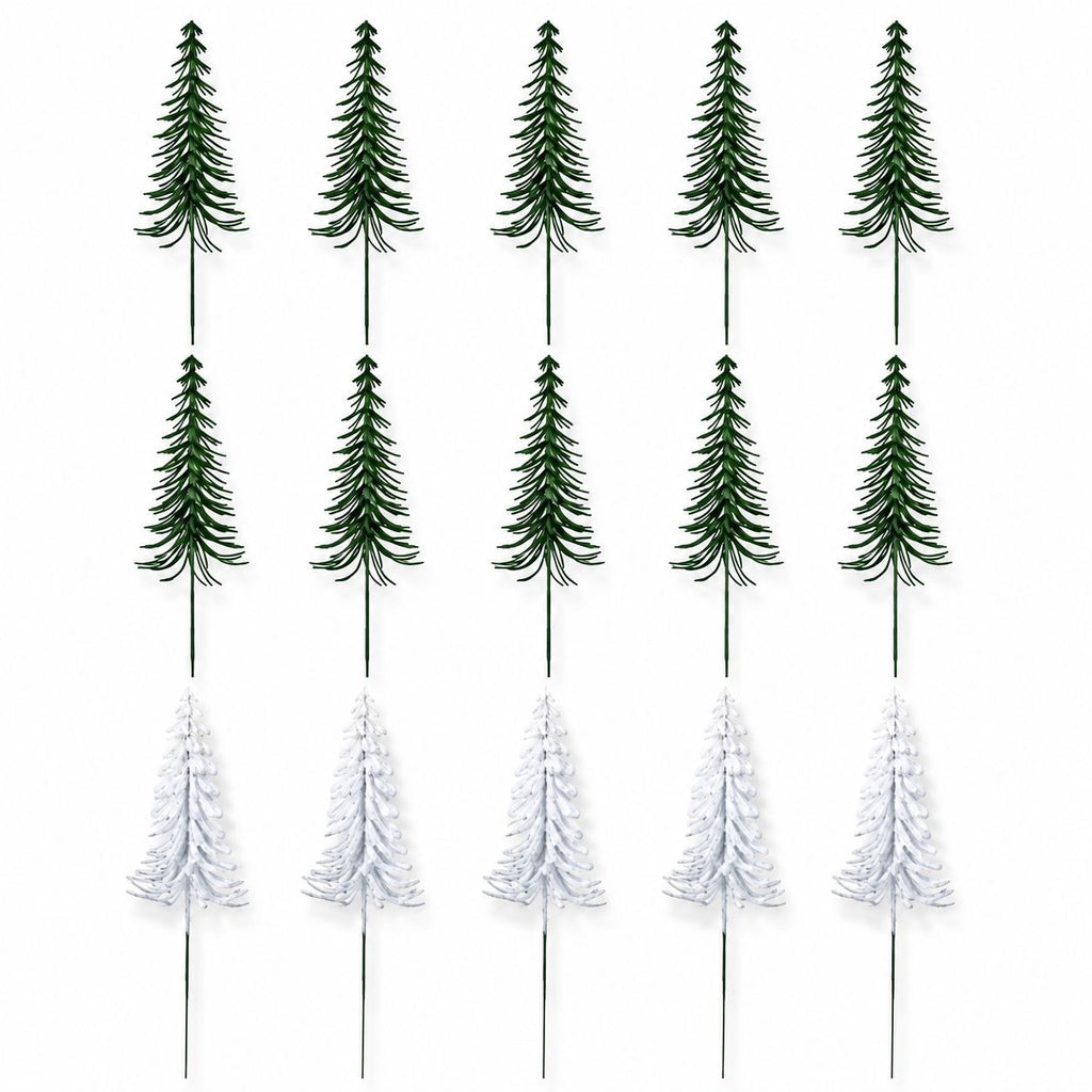 15 Artificial Christmas Pine Picks Green White Flocked Mini Trees 12 Inch Wired Village Decor