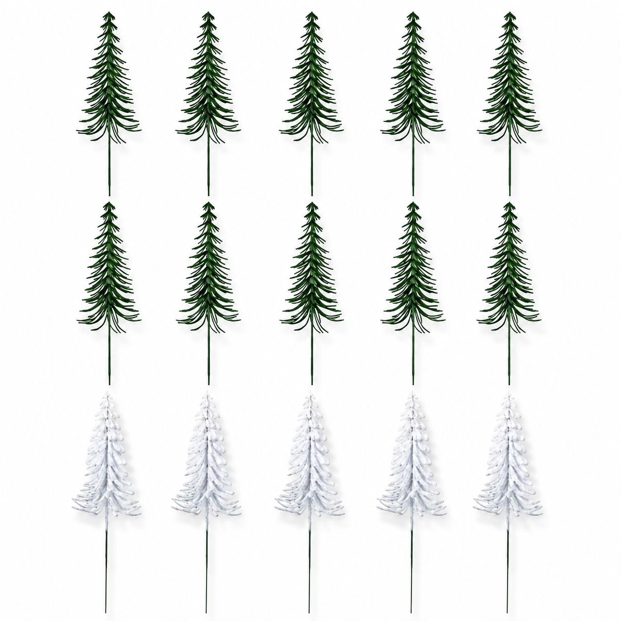 15 Artificial Christmas Pine Picks Green White Flocked Mini Trees 12 Inch Wired Village Decor