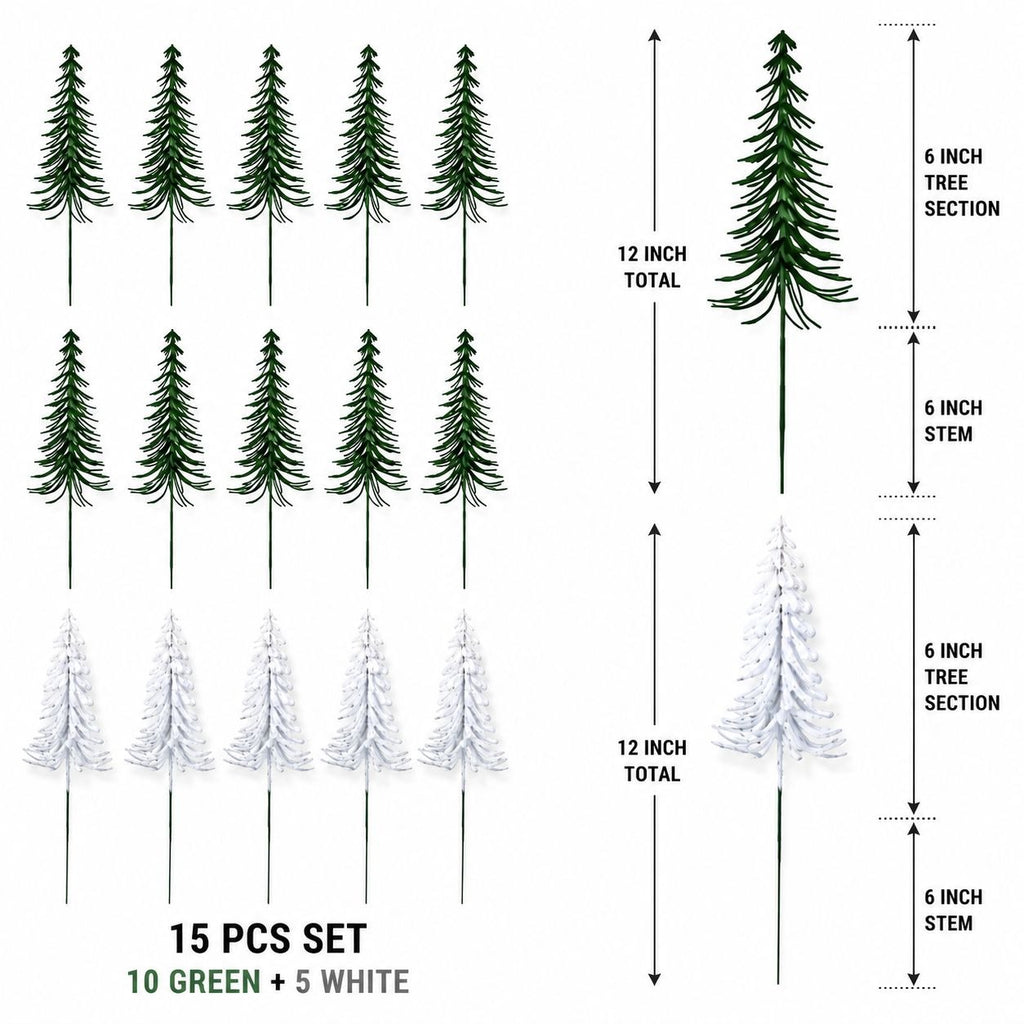 A product diagram showing a 15-piece Christmas tree set with 10 green pine trees, 5 white snow-covered trees, and a detailed measurement guide for a 12-inch tree and 6-inch stem and section measurements.
