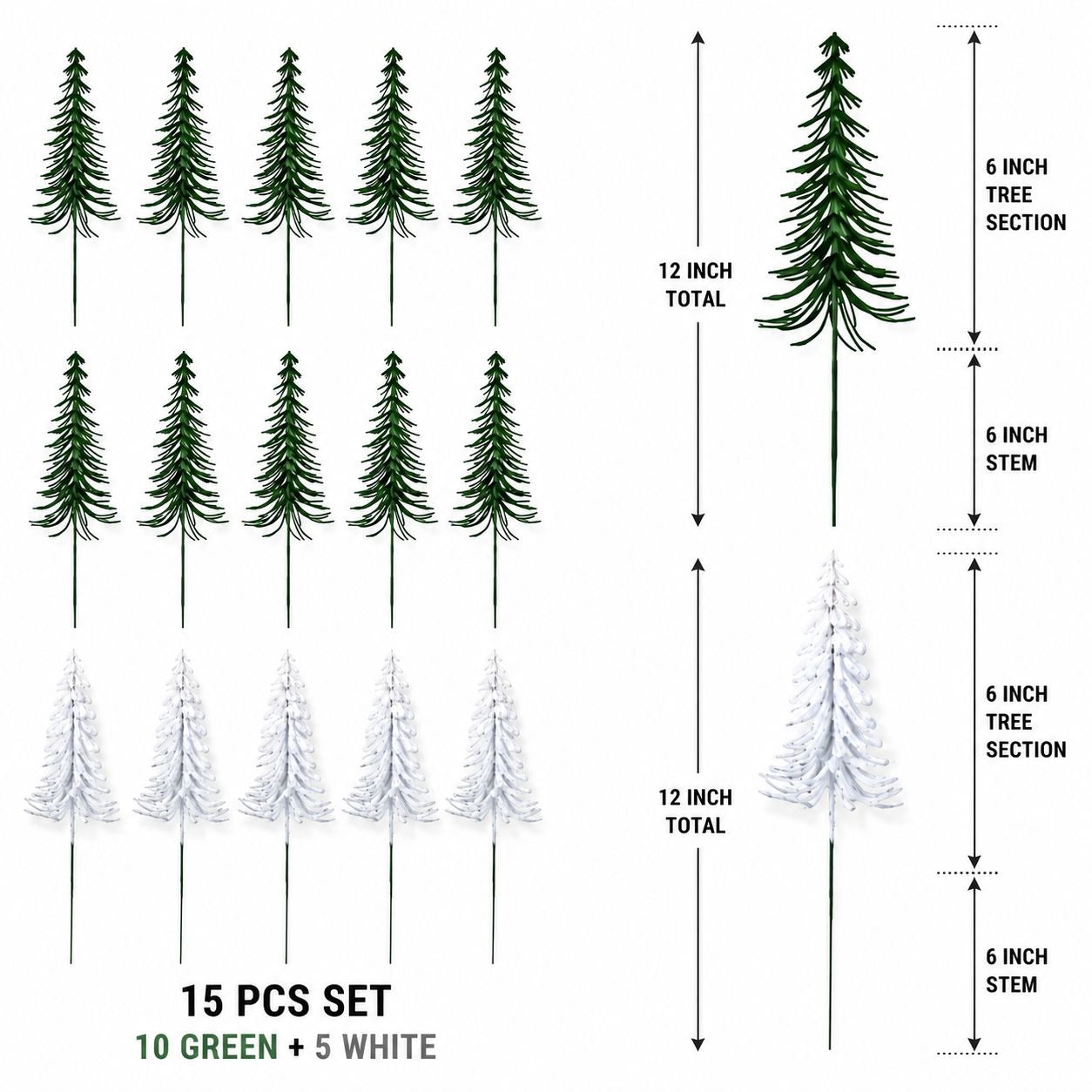 A product diagram showing a 15-piece Christmas tree set with 10 green pine trees, 5 white snow-covered trees, and a detailed measurement guide for a 12-inch tree and 6-inch stem and section measurements.