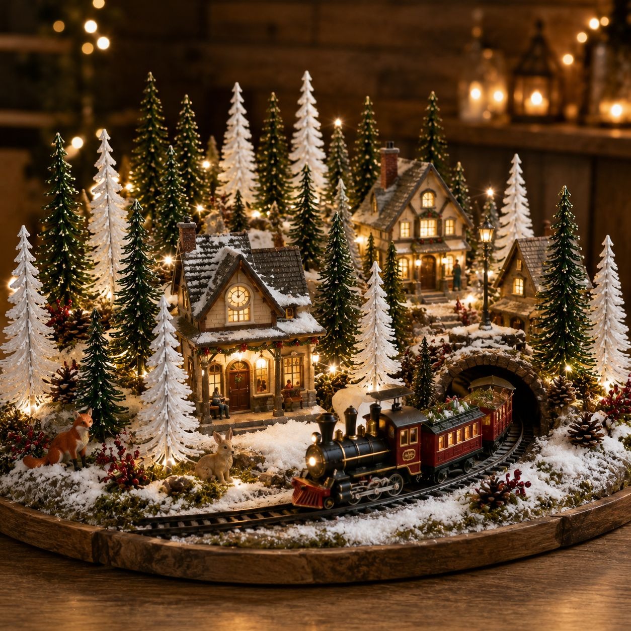 A festive miniature Christmas village diorama with a black steam locomotive on tracks, glowing cottages, snow-dusted pine trees, small animals, and warm string lights in a rustic holiday setting.