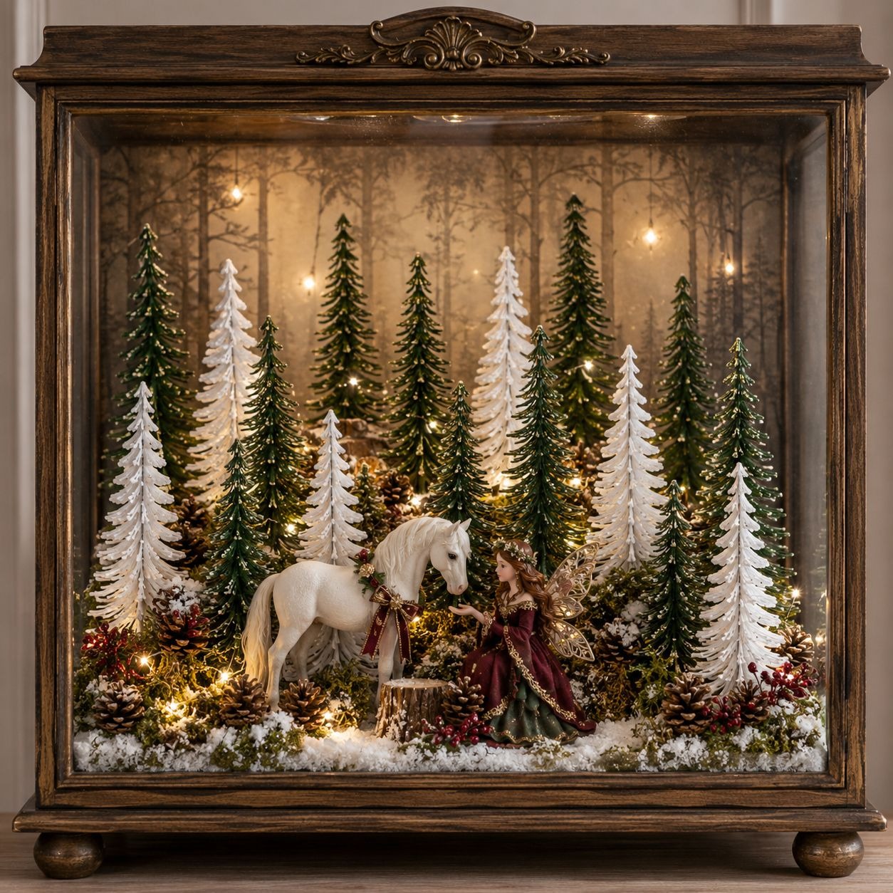 A large wooden display case filled with a festive Christmas forest scene, featuring miniature evergreen trees, warm string lights, a white horse figurine, and a woman in a red dress, all enclosed in a dark wood frame.