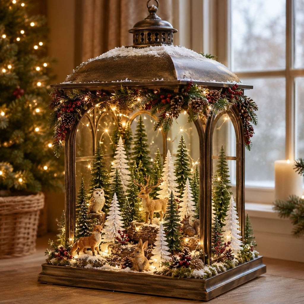 A decorative lantern-style holiday display with miniature evergreen trees, deer, rabbits, an owl figure, warm string lights, faux snow, and garland, placed indoors near a window and Christmas tree.