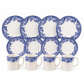 Spode Delamere Blue 16 piece dinnerware set showing dinner plates salad plates and mugs blue white floral transferware pattern
