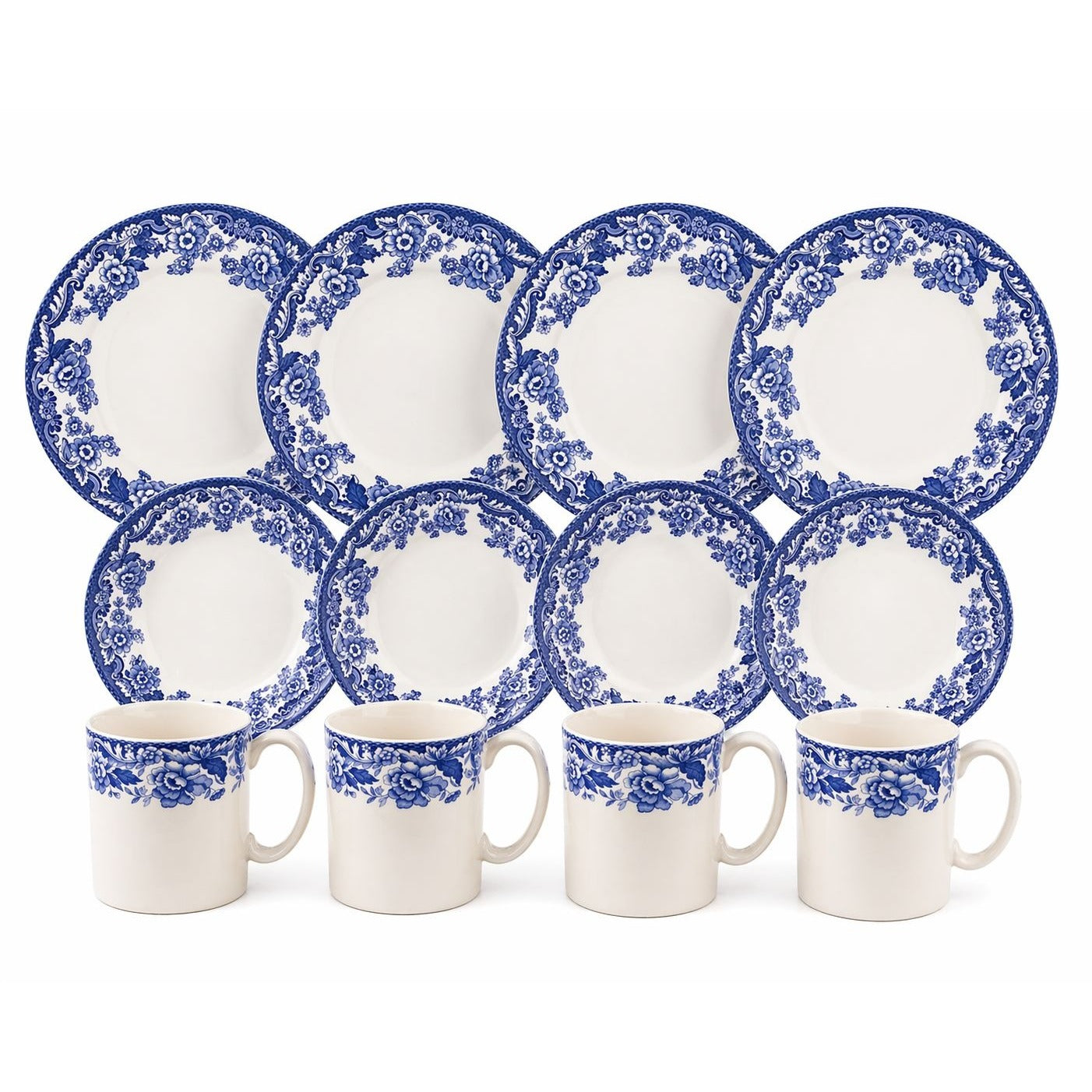 Spode Delamere Blue 16 piece dinnerware set showing dinner plates salad plates and mugs blue white floral transferware pattern
