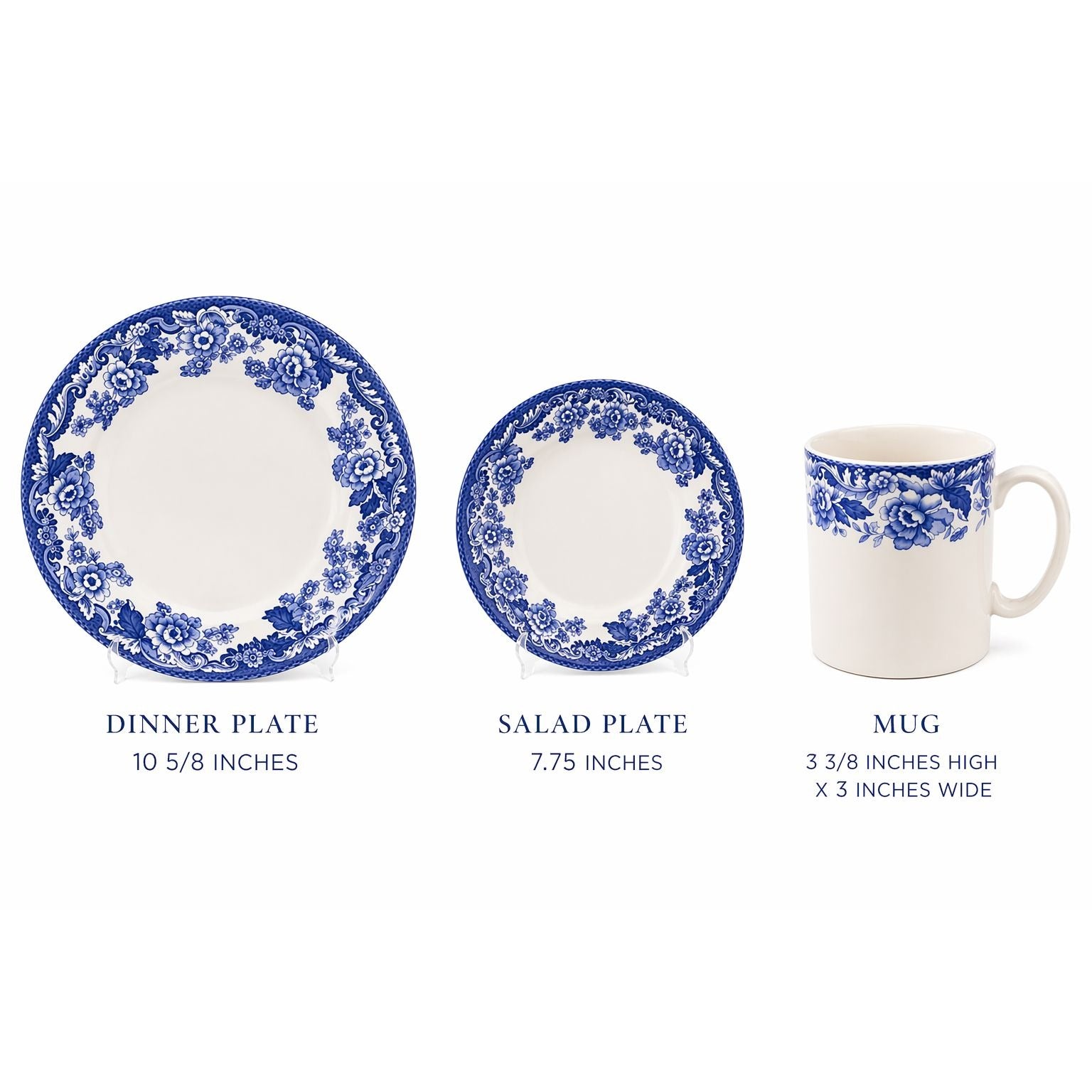 Spode Delamere Blue size diagram showing dinner plate 10 5/8 inches salad plate 7.75 inches and mug 3 3/8 inches high
