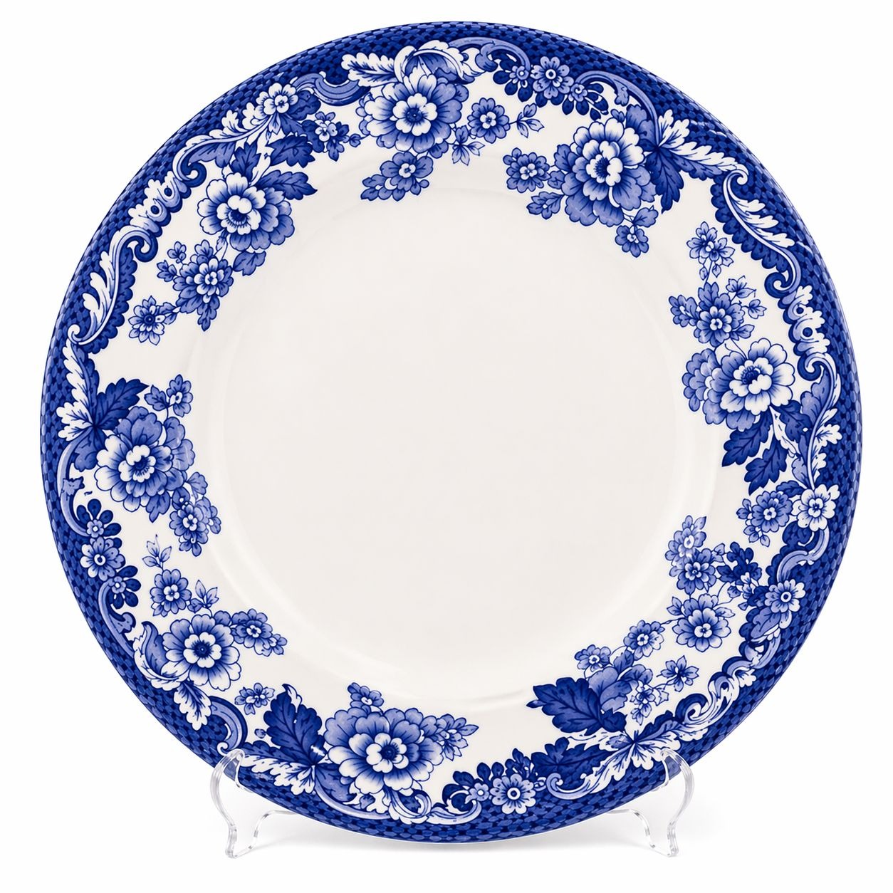Spode Delamere Blue dinner plate 10 5/8 inches showing intricate blue floral transferware border pattern white background
