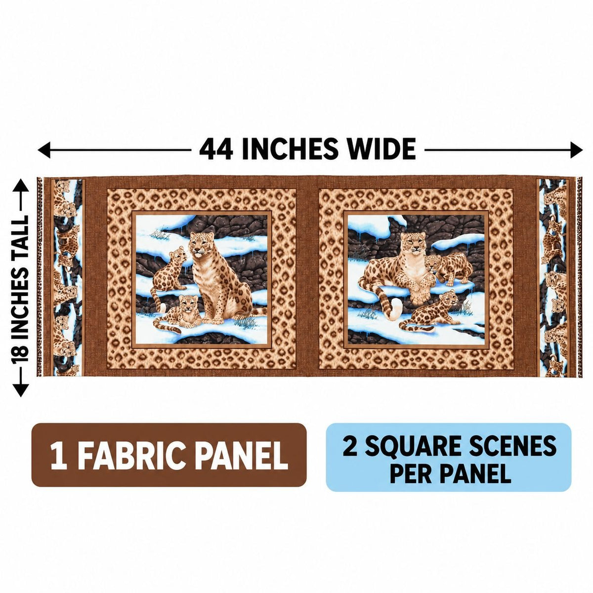 A fabric panel product shown on a white background with measurement arrows and text indicating 44 inches wide by 18 inches tall. The panel features two square scenes of leopards in snowy landscapes, bordered by leopard-print and brown patterned sections.