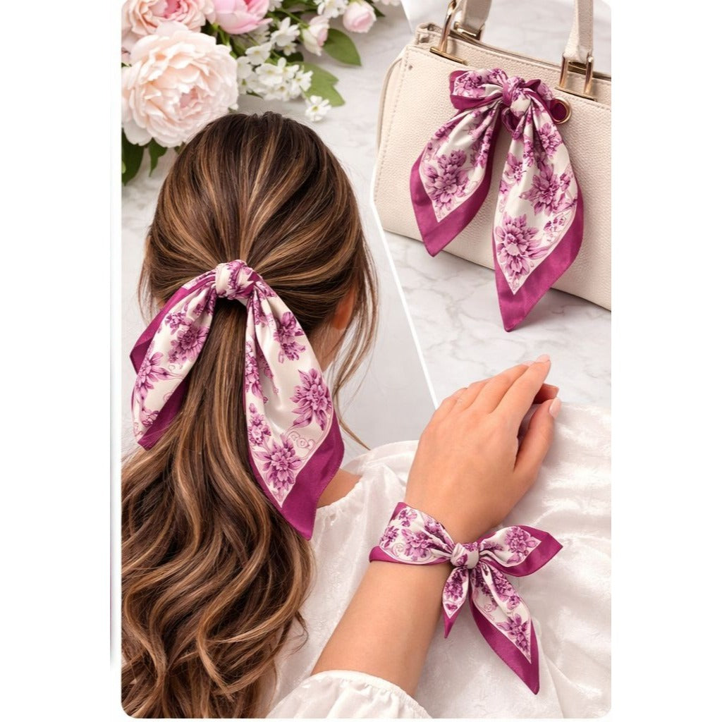 Magenta Floral Satin Scarf 20x20 Women's Hair Tie Neck Wrist Wrap