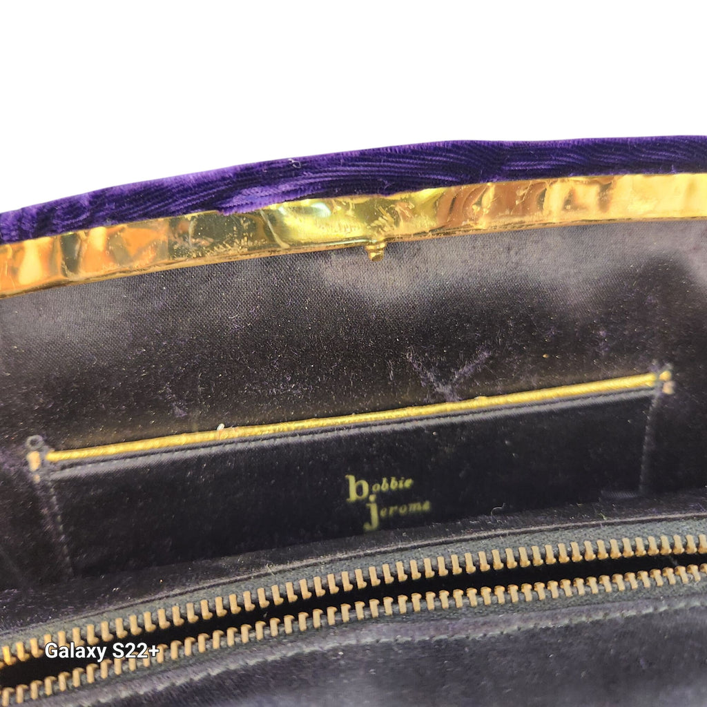 Vintage Bobbie Jerome Purple Velvet Clutch Gold Trim Mid Century Evening