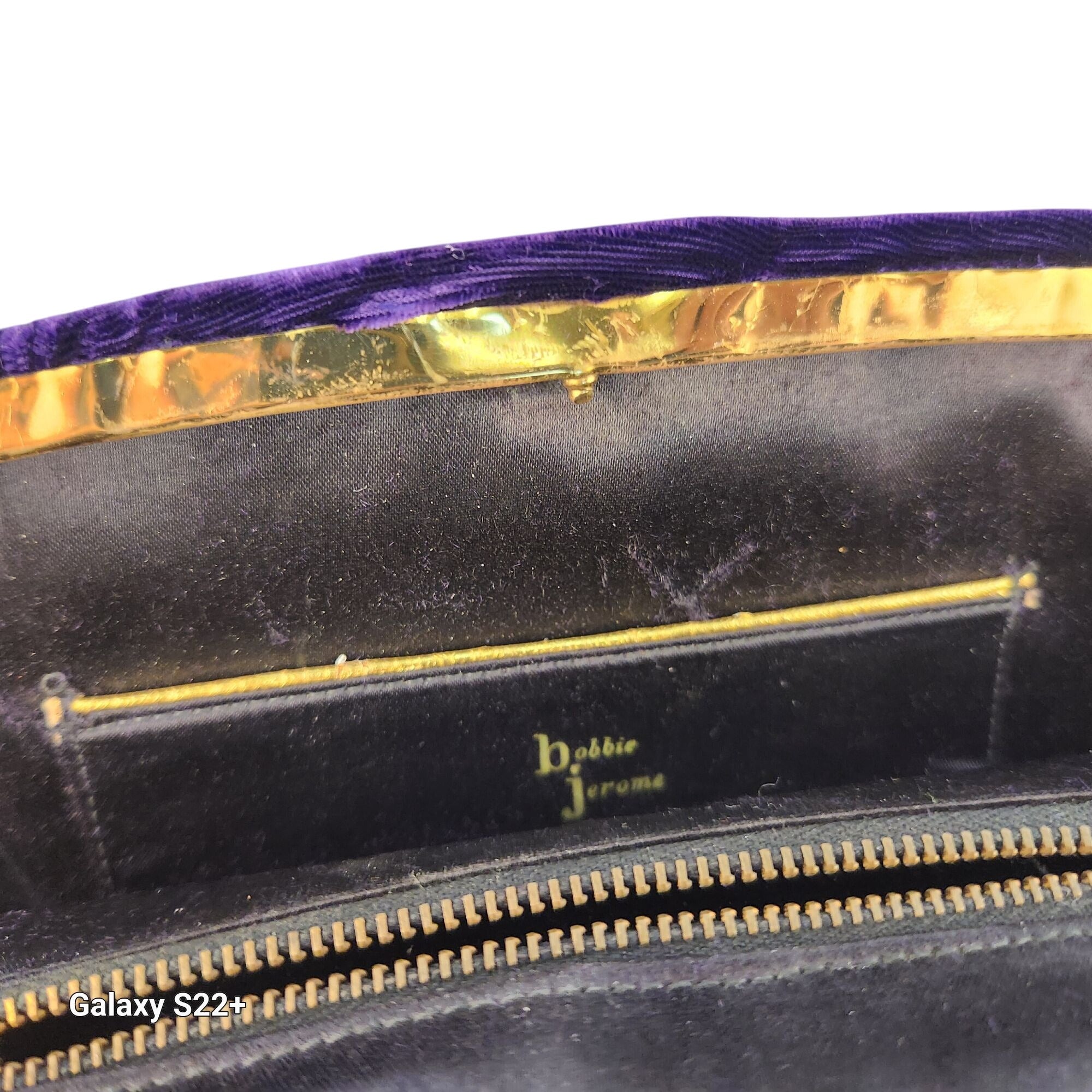 Vintage Bobbie Jerome Purple Velvet Clutch Gold Trim Mid Century Evening