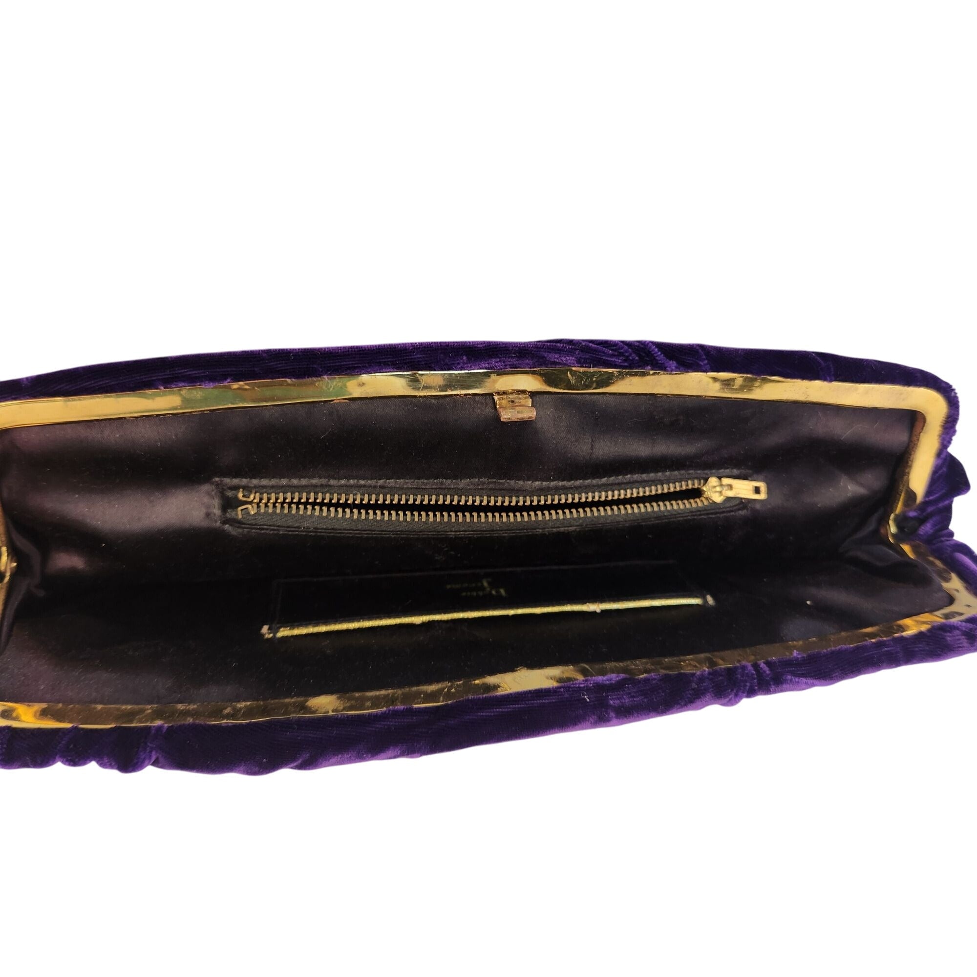 Vintage Bobbie Jerome Purple Velvet Clutch Gold Trim Mid Century Evening