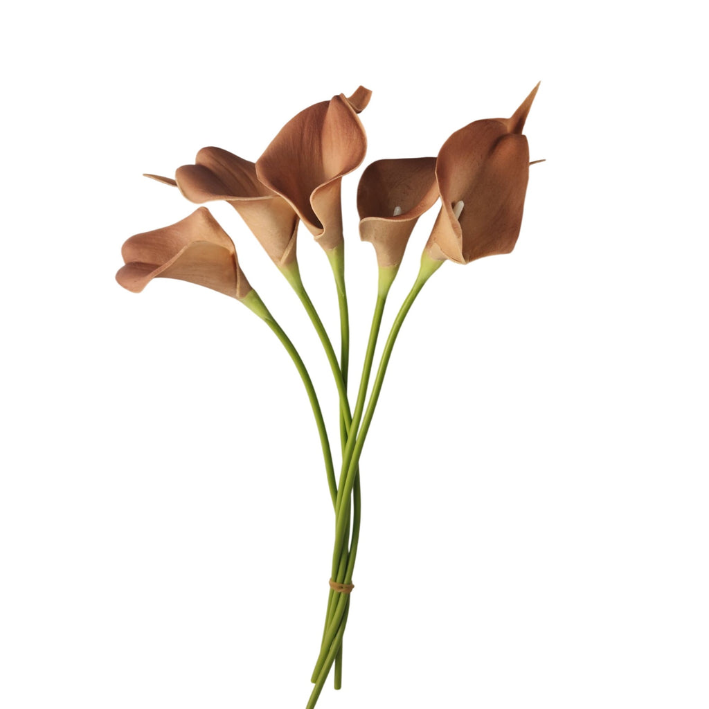 Terracotta Calla Lily Stems Faux Floral Bouquet Burnt Orange Flowers 5 Stem Bunch Autumn Decor Modern Vase Arrangement