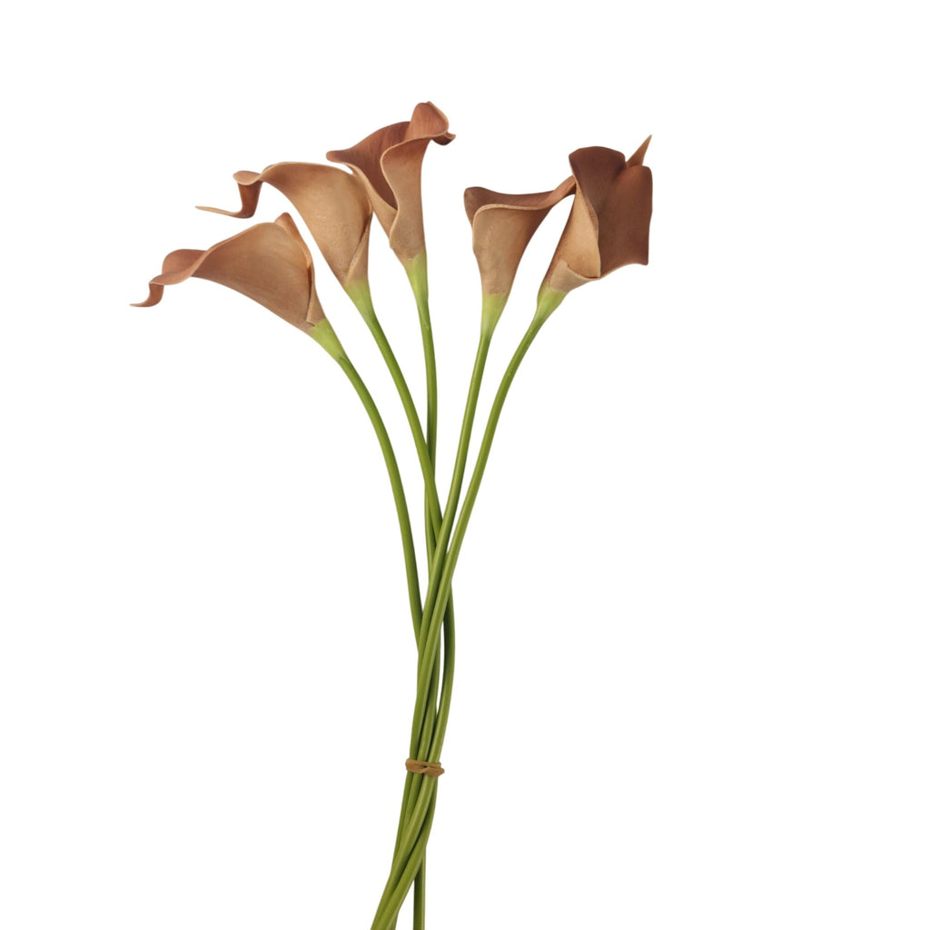 Terracotta Calla Lily Stems Faux Floral Bouquet Burnt Orange Flowers 5 Stem Bunch Autumn Decor Modern Vase Arrangement