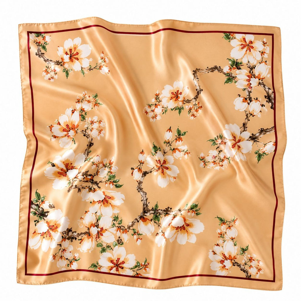 Cream Magnolia Satin Scarf 35x35 Floral Square Hair Head Neck Scarf for Women