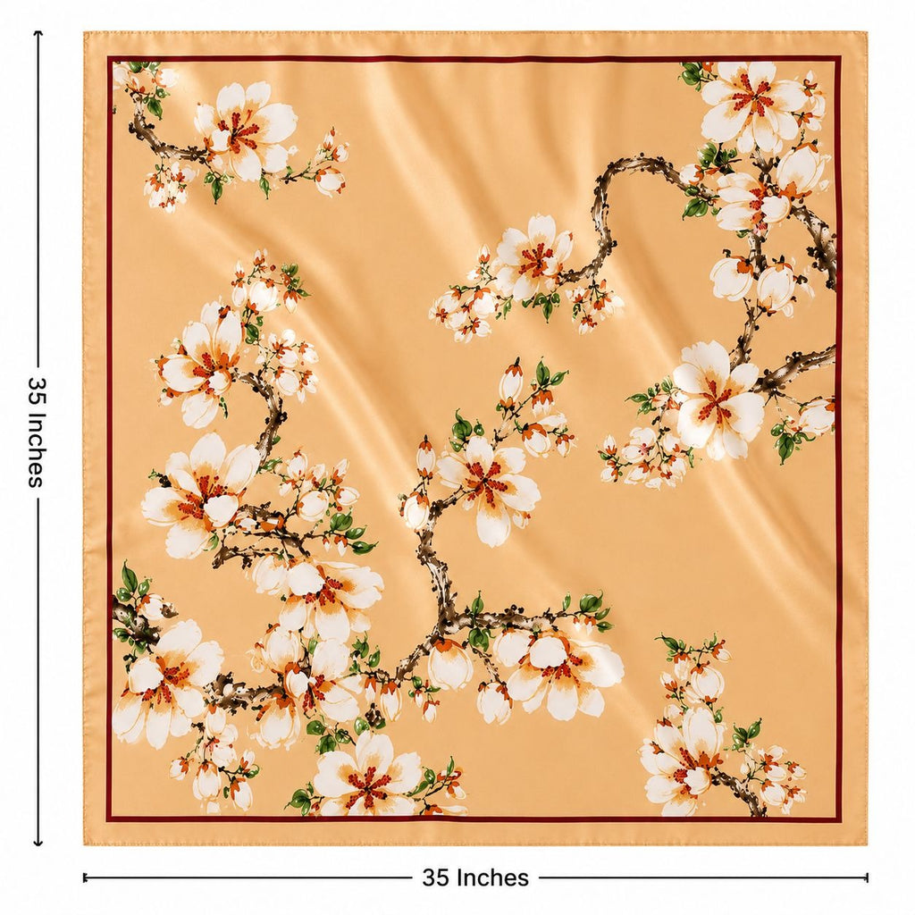 Cream Magnolia Satin Scarf 35x35 Floral Square Hair Head Neck Scarf for Women
