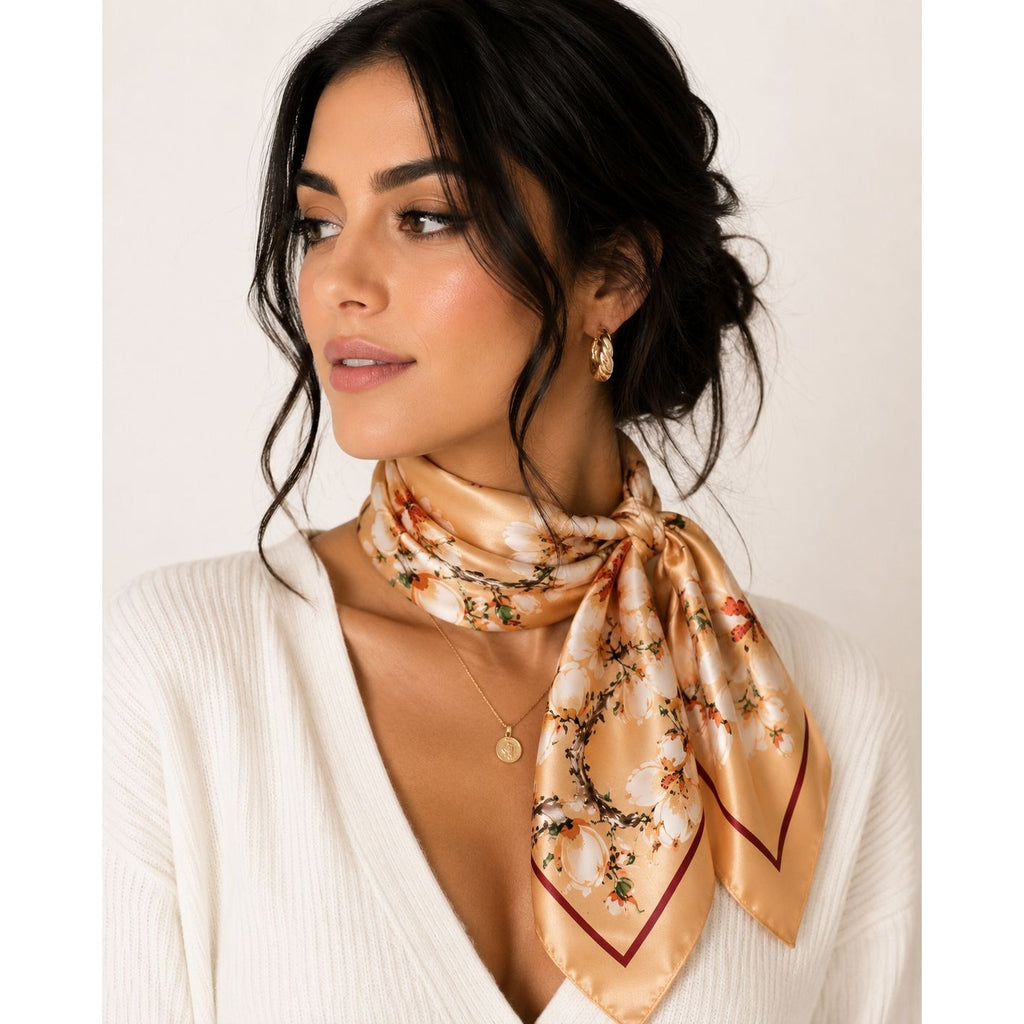 Cream Magnolia Satin Scarf 35x35 Floral Square Hair Head Neck Scarf for Women