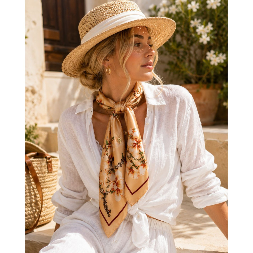 Cream Magnolia Satin Scarf 35x35 Floral Square Hair Head Neck Scarf for Women