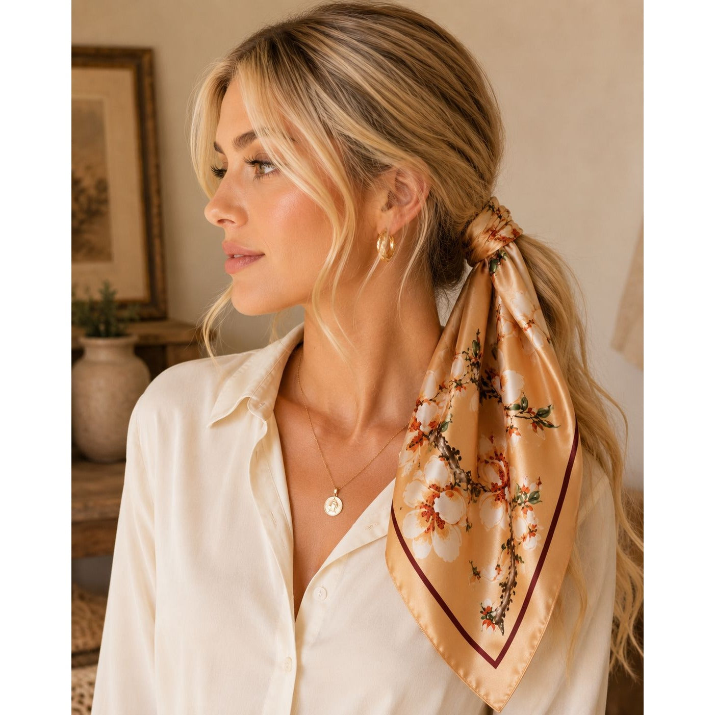 Cream Magnolia Satin Scarf 35x35 Floral Square Hair Head Neck Scarf for Women