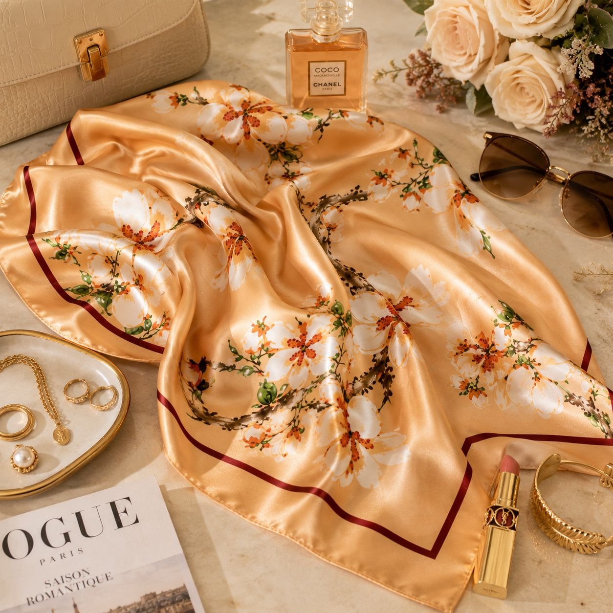Cream Magnolia Satin Scarf 35x35 Floral Square Hair Head Neck Scarf for Women