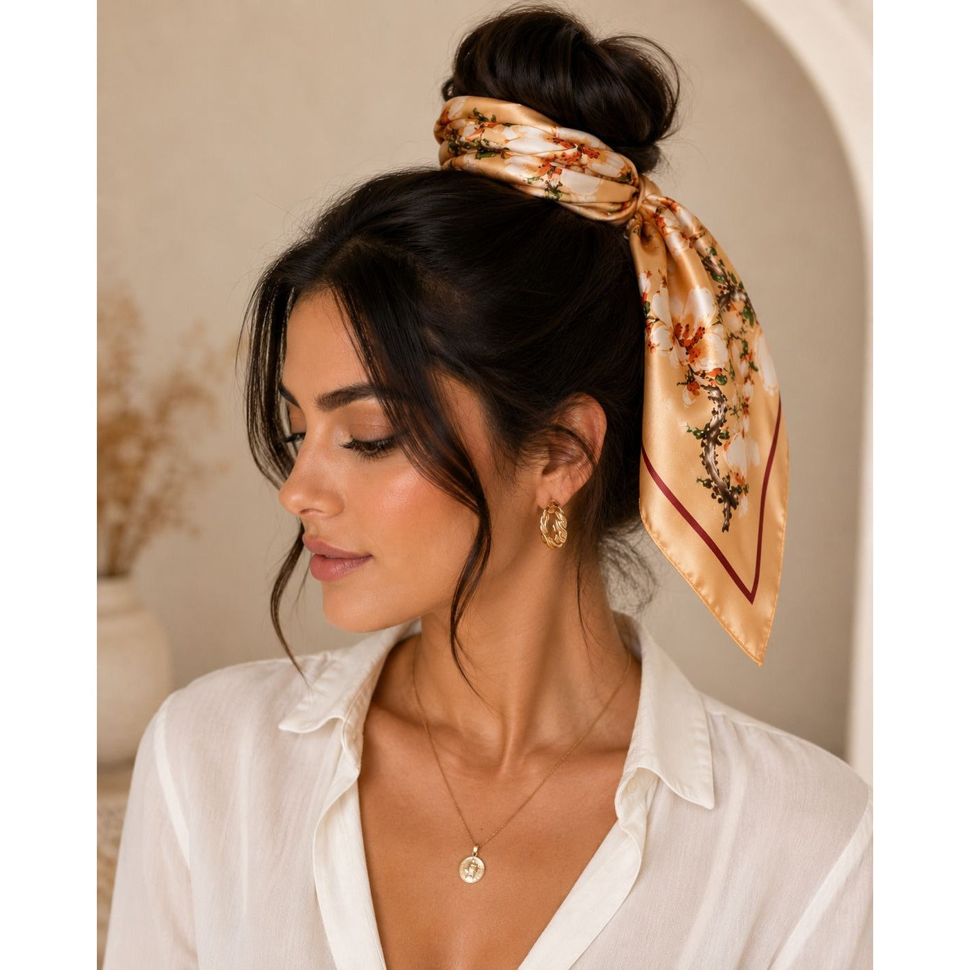 Cream Magnolia Satin Scarf 35x35 Floral Square Hair Head Neck Scarf for Women