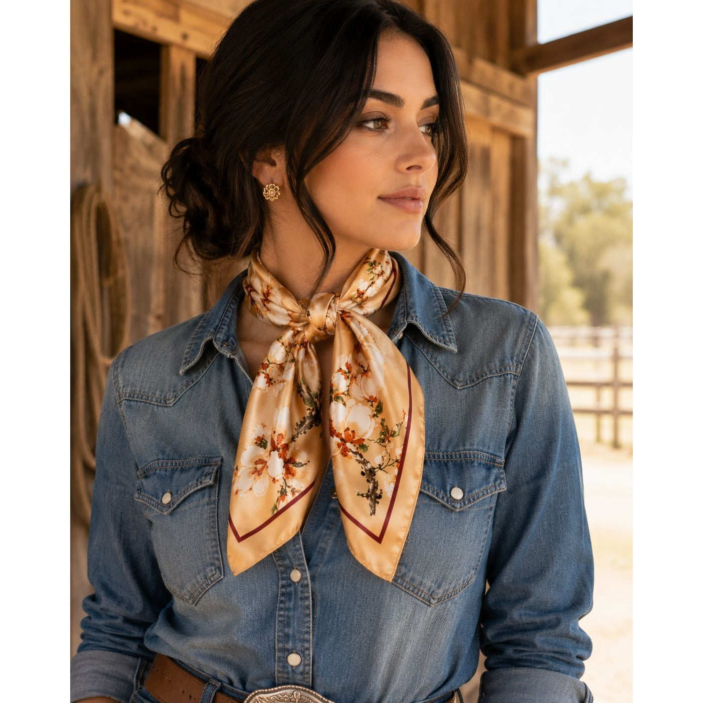 Cream Magnolia Satin Scarf 35x35 Floral Square Hair Head Neck Scarf for Women