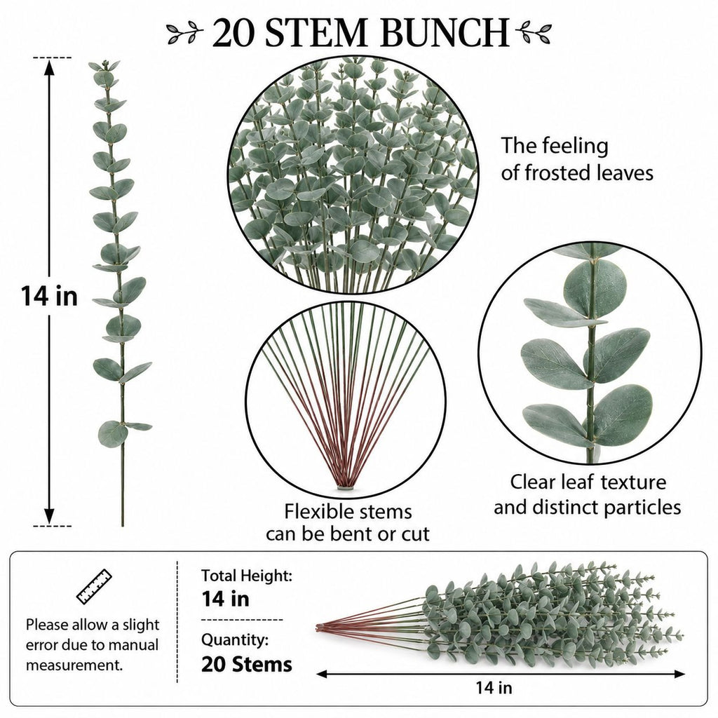 A 20 stem bunch of artificial eucalyptus branches shown on a white background with informational callouts, including a 14-inch height measurement, close-up circles of frosted leaves, flexible stems, and texture details. Text at the top reads '20 STEM BUNCH' and notes the total height and quantity.