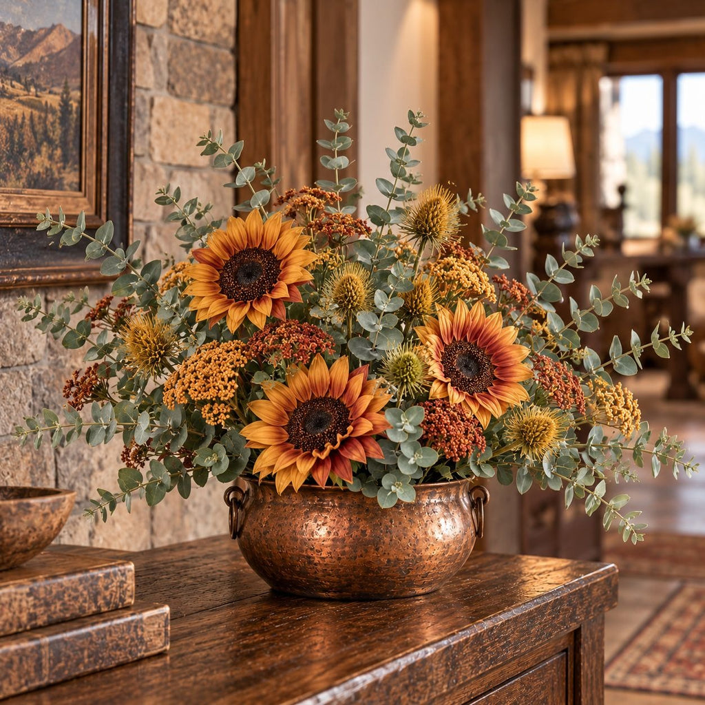A copper flower arrangement bowl filled with sunflowers, eucalyptus, and autumnal filler flowers, displayed on a wooden console table in a warm, rustic interior setting.