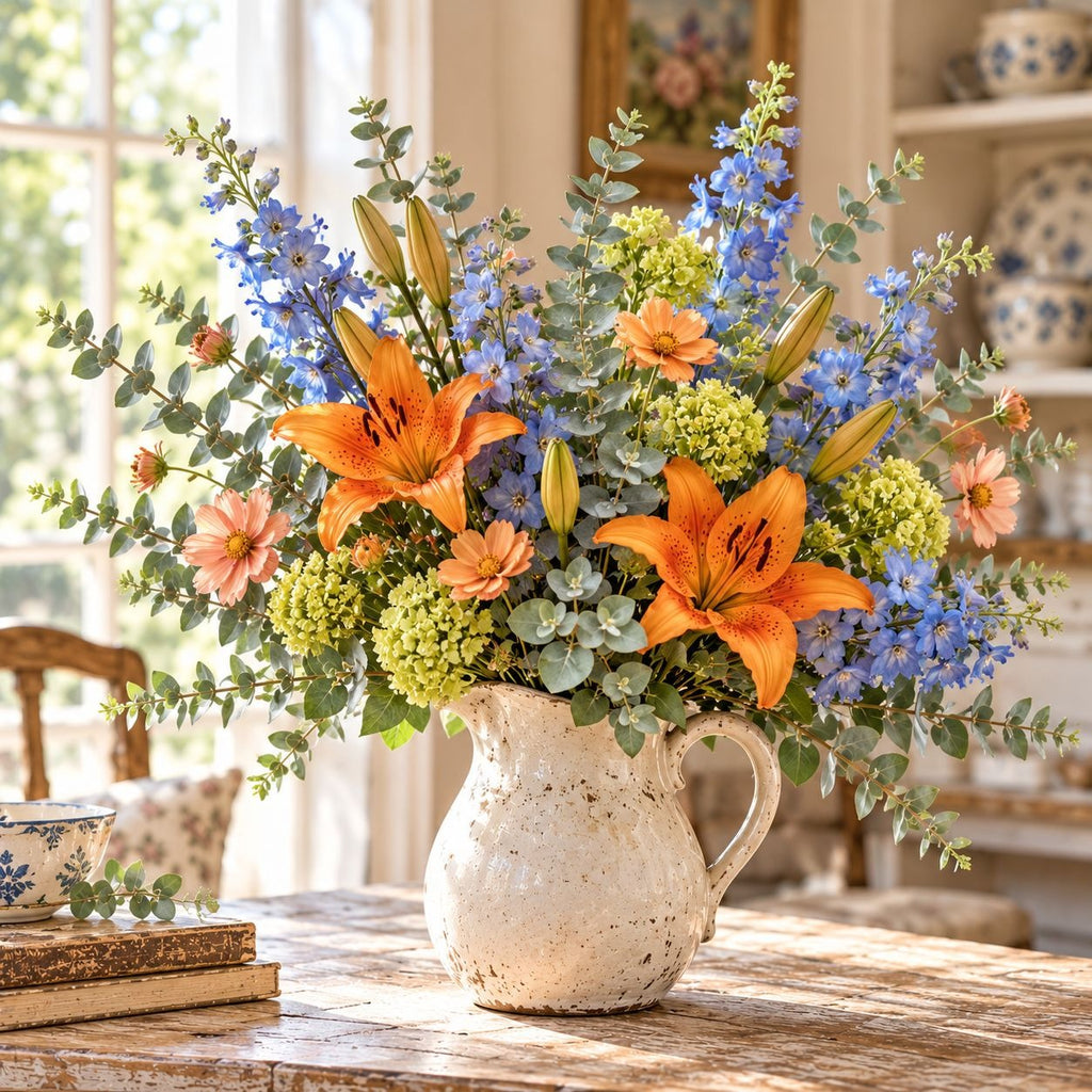 A large floral arrangement in a speckled cream ceramic pitcher, featuring orange lilies, blue delphiniums, green hydrangea-like blooms, and eucalyptus, displayed on a rustic wooden table in a softly lit kitchen setting.