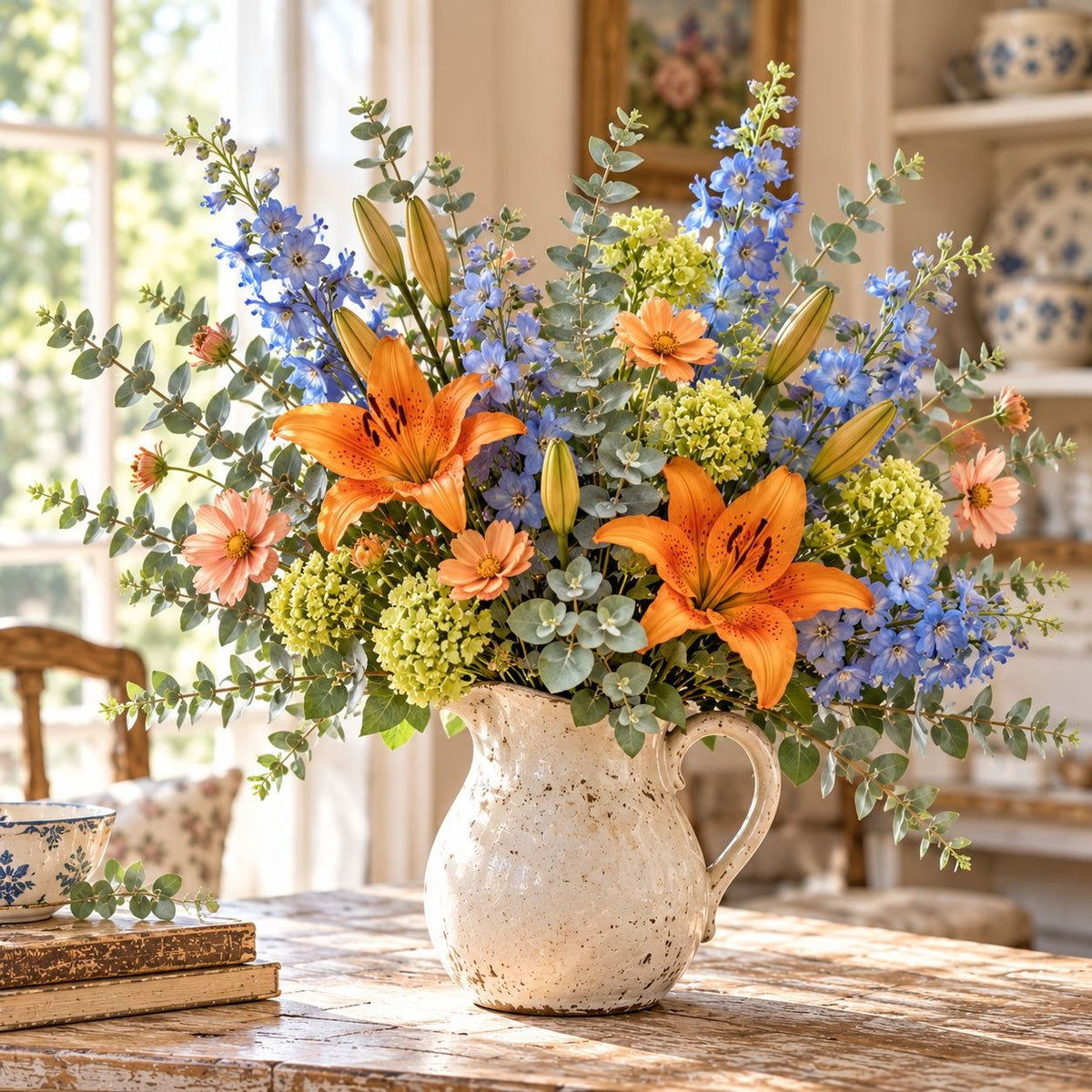 A large floral arrangement in a speckled cream ceramic pitcher, featuring orange lilies, blue delphiniums, green hydrangea-like blooms, and eucalyptus, displayed on a rustic wooden table in a softly lit kitchen setting.